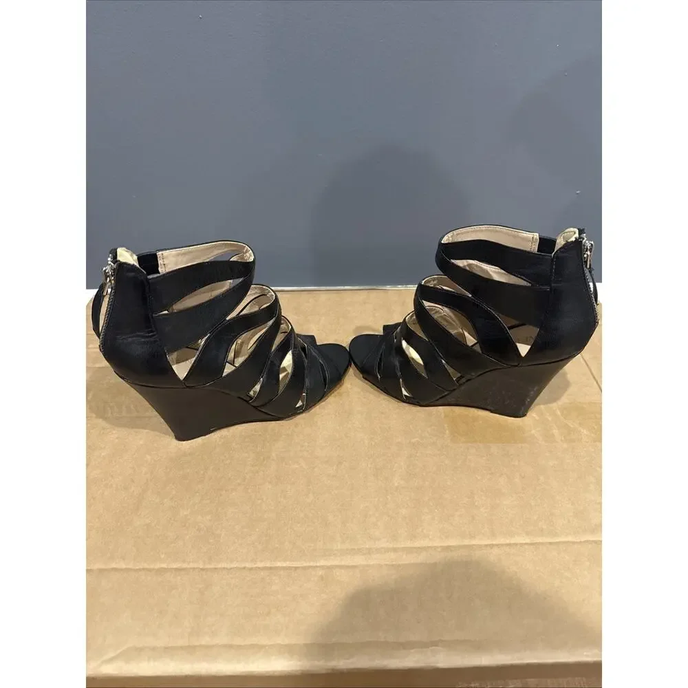 Nine West Cronin Wedges Shoes Black Leather Gladiator Size 6M